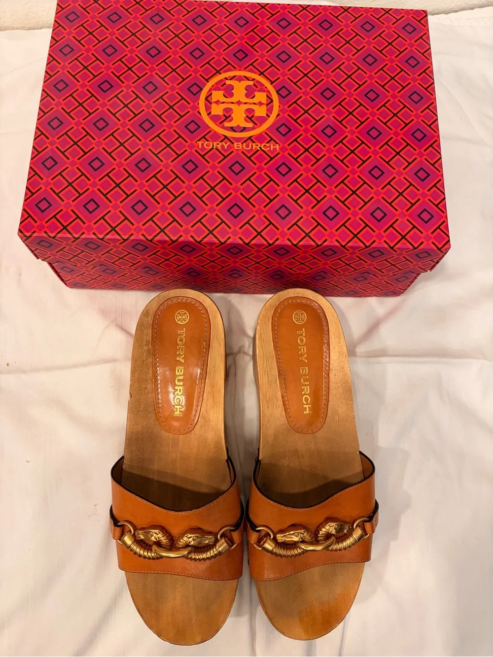 Tory Burch Tan Leather Slide Mules with Gold-Tone Chain